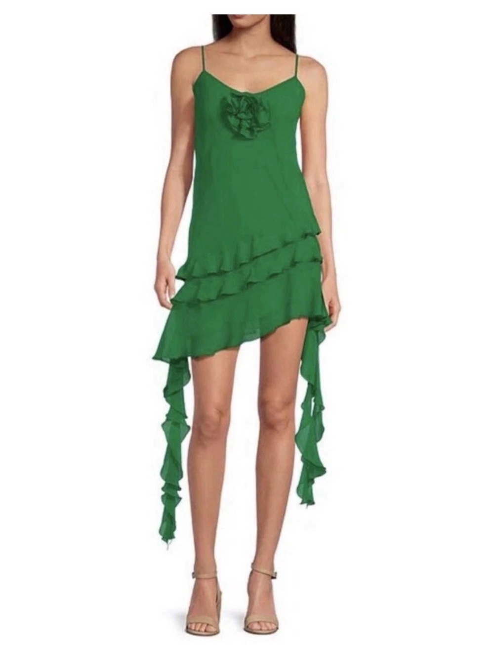 Gianni Bini Emerald Green Asymmetrical Ruffle Slip Dress